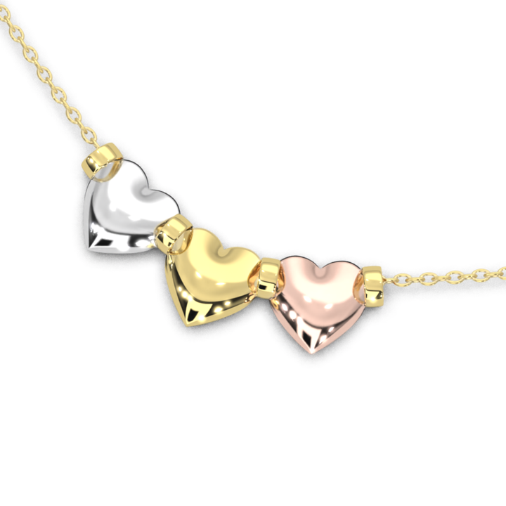 Collar Semanario con 3 Corazones Tricolor 10k