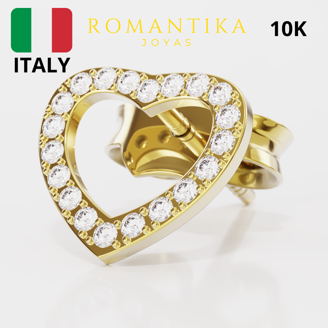 Aretes Broquel Corazón Con Zirconia 10k