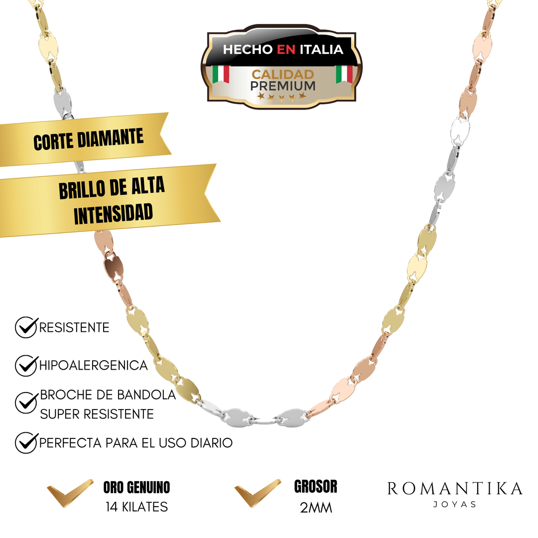 Cadena Grano De Cafe 3 oros 1.5mm 14k