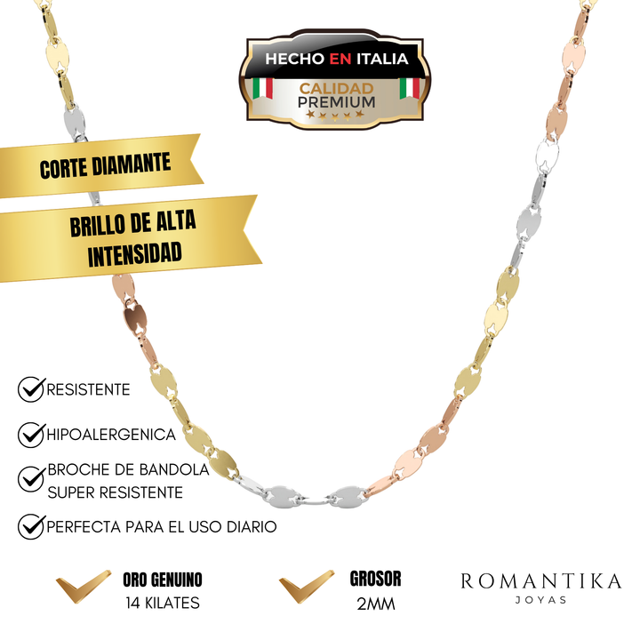 Cadena Grano De Cafe 3 oros 1.5mm 14k