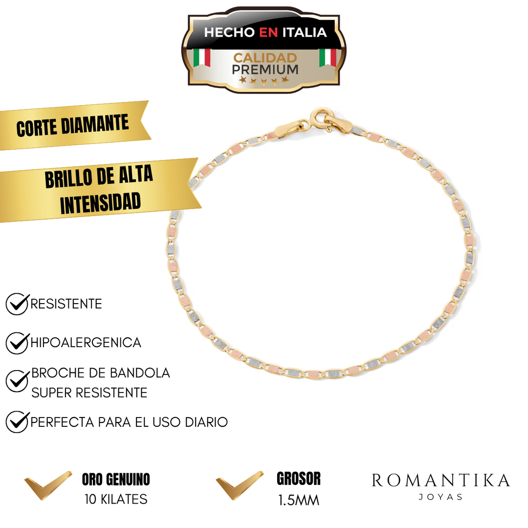 Pulsera Valentina Espejo Tres Oros 10k 18cm