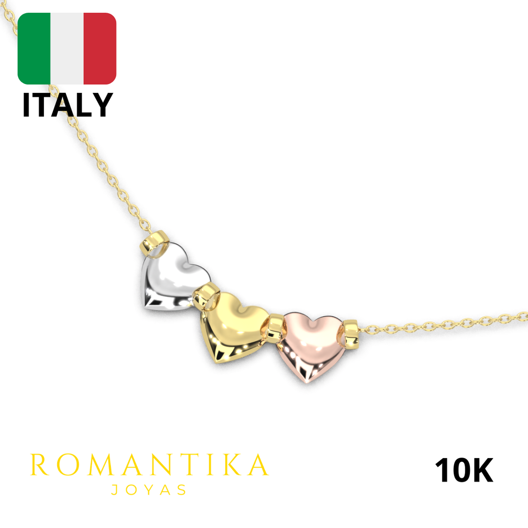 Collar Semanario con 3 Corazones Tricolor 10k