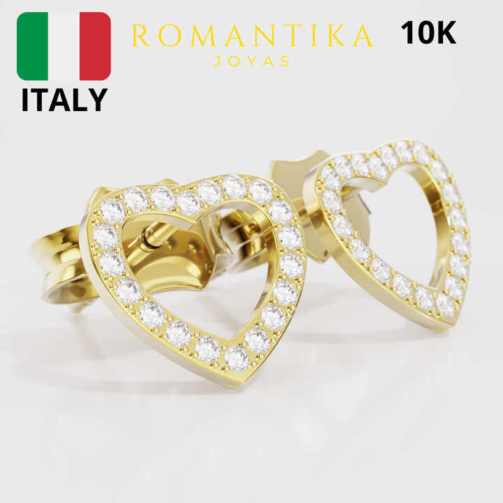 Aretes Broquel Corazón Con Zirconia 10k