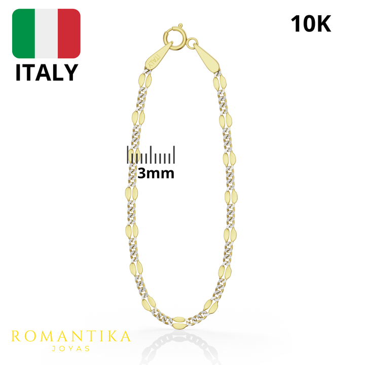 Pulsera Figaro Remache Cubana Diamantada 3mm 14k