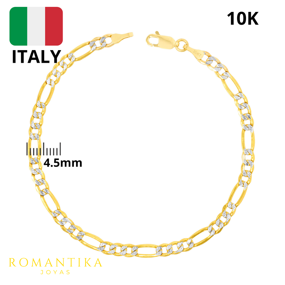 Pulsera Figaro 3x1 Diamantada Oro 4mm 10K