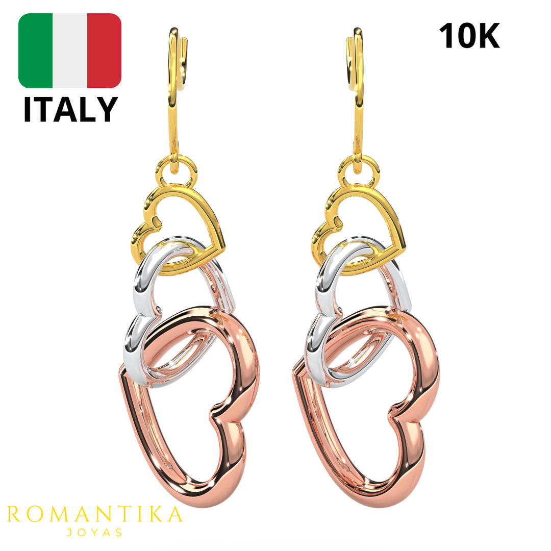Aretes Arracadas con 3 Corazones 10k
