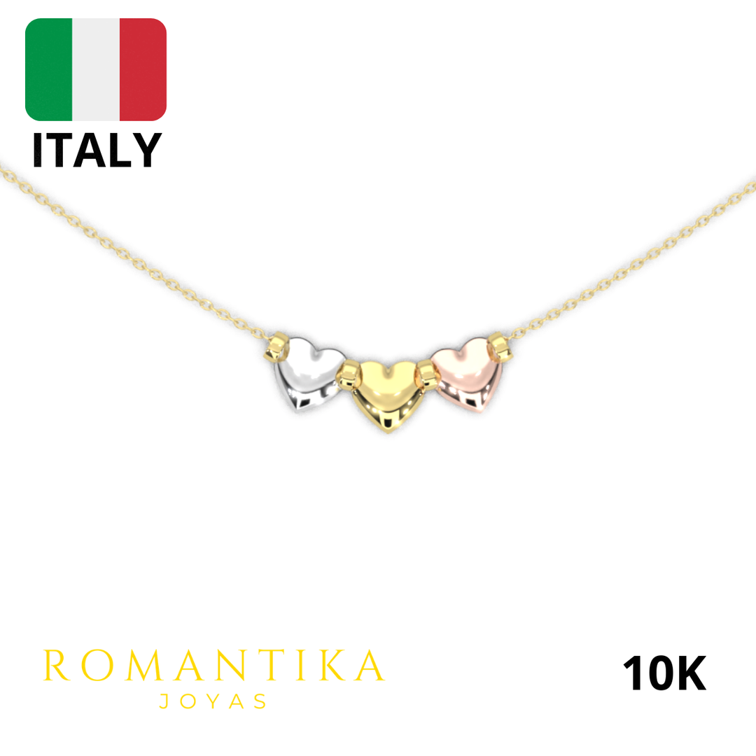 Collar Semanario con 3 Corazones Tricolor 10k