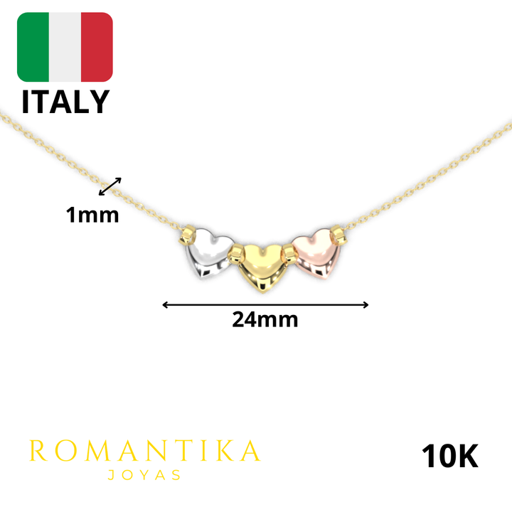 Collar Semanario con 3 Corazones Tricolor 10k