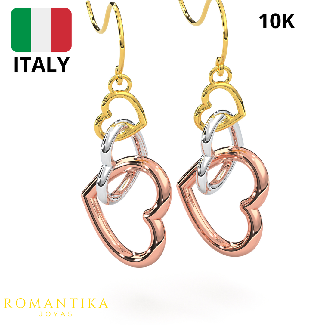 Aretes Arracadas con 3 Corazones 10k