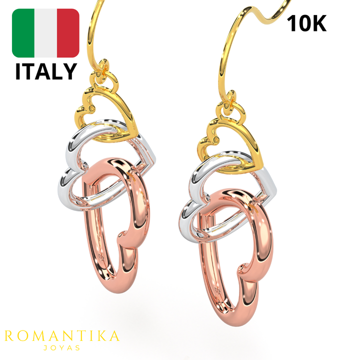 Aretes Arracadas con 3 Corazones 10k