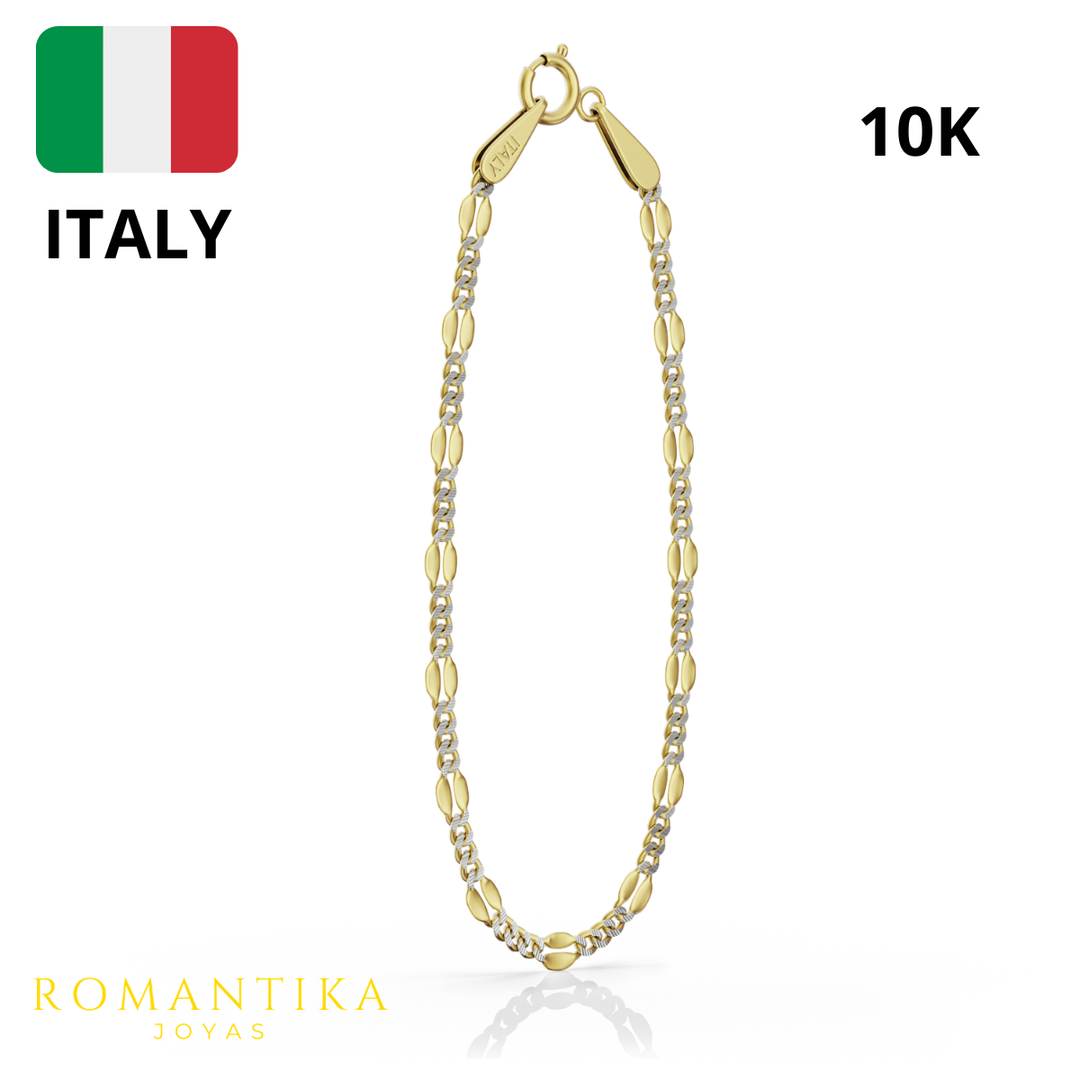 Pulsera Figaro Remache Cubana Diamantada 3mm 14k