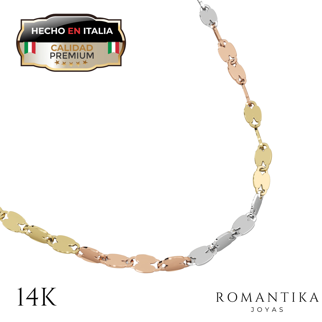 Cadena Grano De Cafe 3 oros 1.5mm 14k