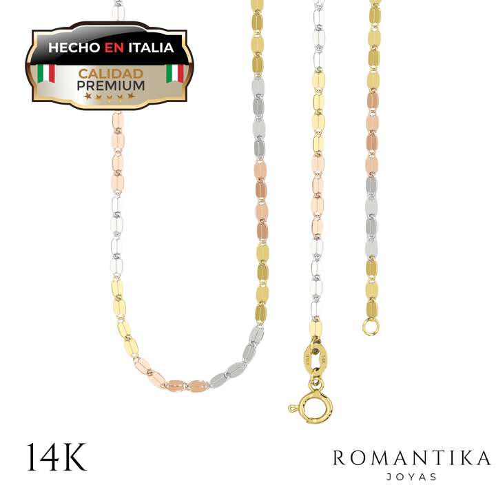 Cadena Grano De Cafe 3 oros 1.5mm 14k