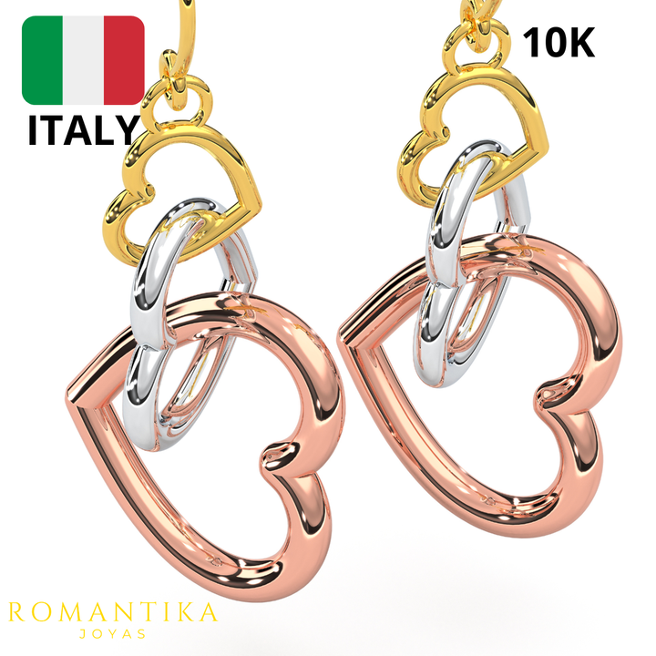 Aretes Arracadas con 3 Corazones 10k
