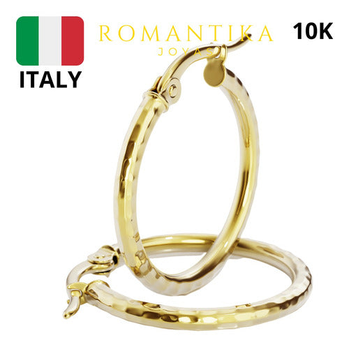 Arracada Arete De Oro Hueco Corte Diamante 10k Mujer Italy